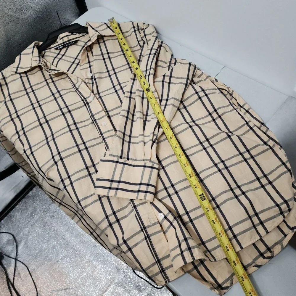 Zara Plaid Size Medium Tie Back Shirt Top Blouse Button Front Tan Gray womens - Picture 11 of 12